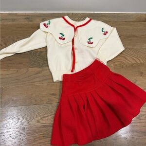 Cherry Embroidered Cardigan and Red Skirt Set